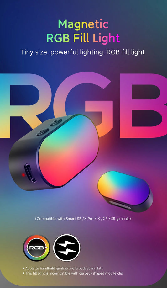 Magnetic RGB fill light for a variety of 3-axis stabilizers